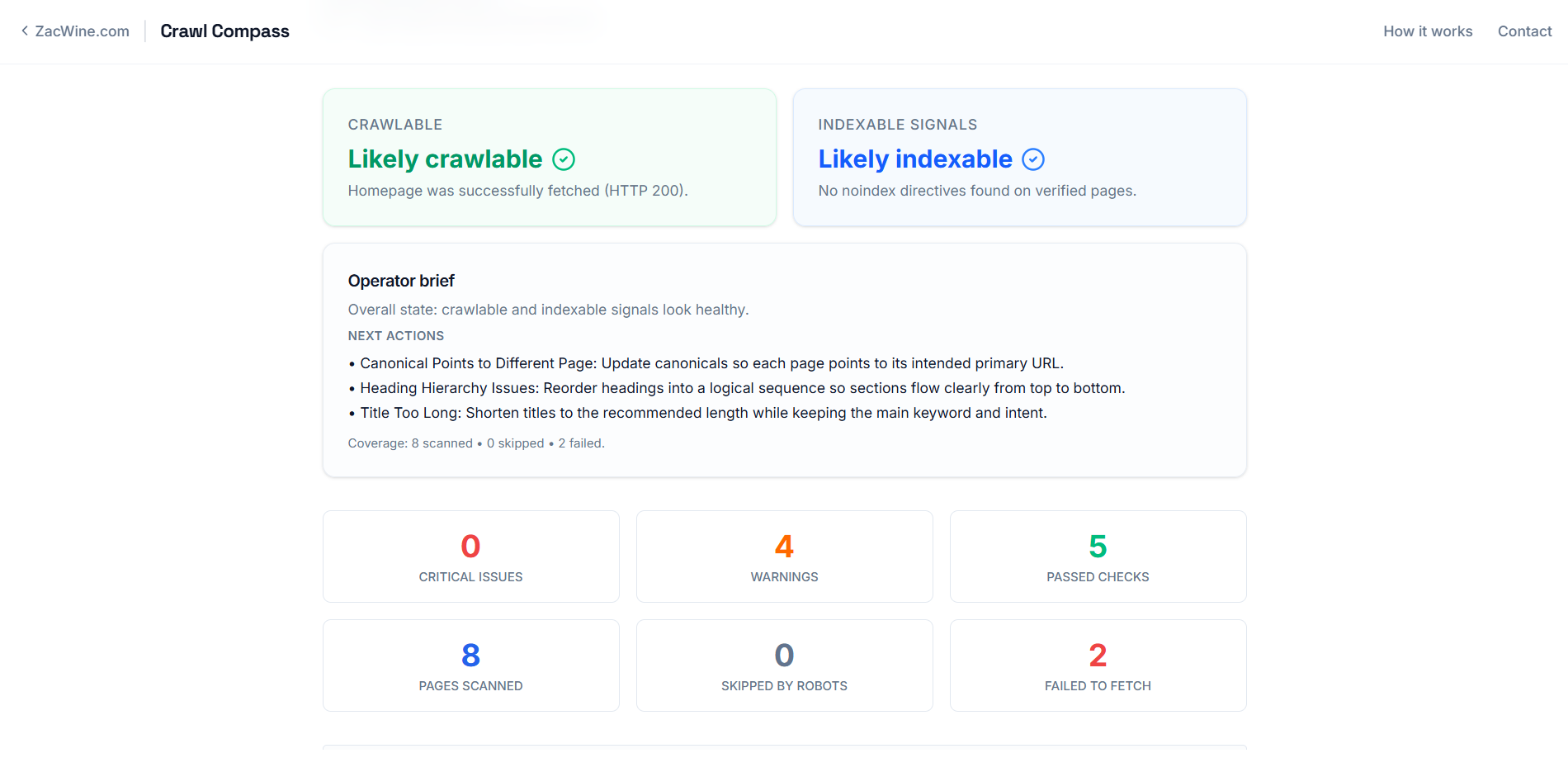 CrawlCue result showing crawlability, indexability signals, and issue summary counts