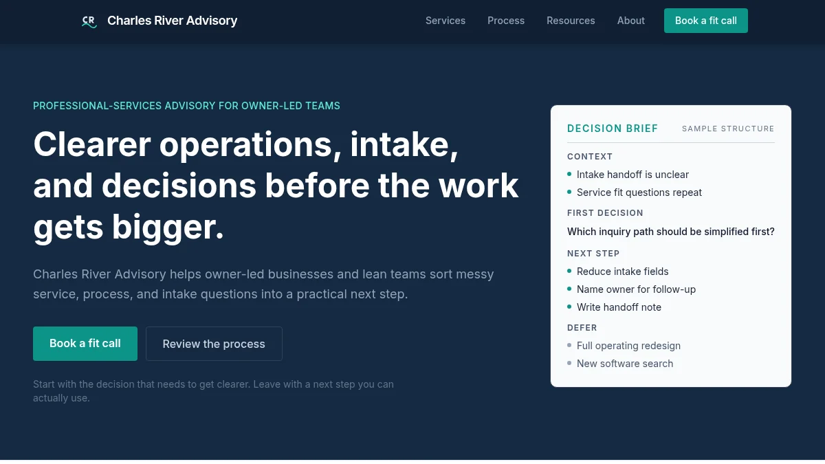 Charles River Advisory demo site — homepage showing a professional-services advisory firm with decision-brief sample and a fit-call booking flow