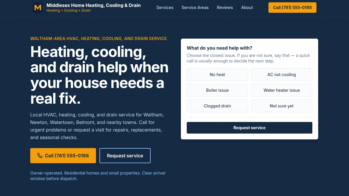 Middlesex Home Heating demo site — homepage with a symptom-first service selector, prominent phone CTA, and local town coverage