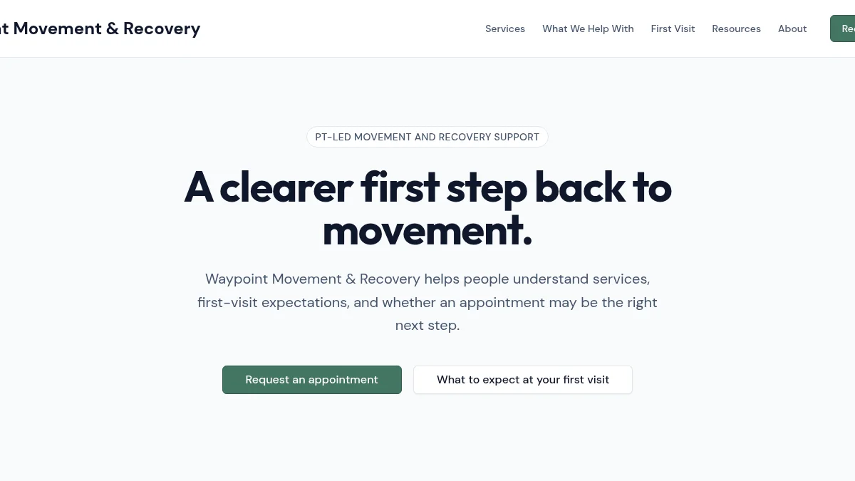 Waypoint Movement & Recovery demo site — homepage showing a calm wellness practice with a clear first-visit path and appointment request CTA
