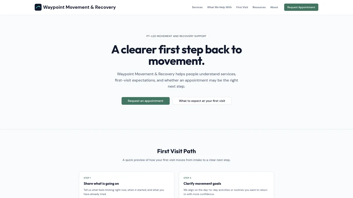 Waypoint Movement & Recovery demo site — homepage showing a calm wellness practice with a clear first-visit path and appointment request CTA