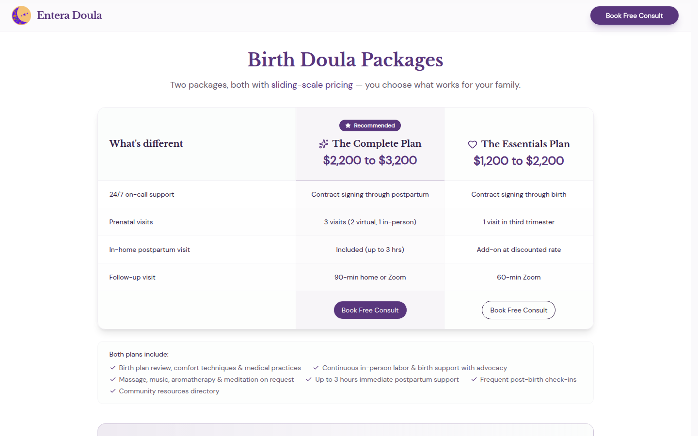 Entera Birth Doula page comparing two care packages with price ranges, included services, and consultation buttons