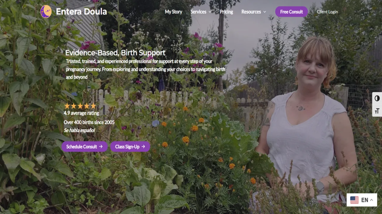 Entera Doula website homepage showing 'Evidence-Based, Birth Support' headline with the doula in a garden setting
