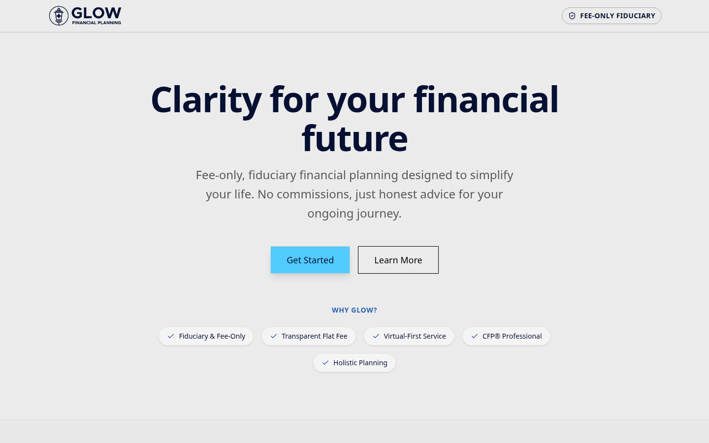 GLOW Financial Planning landing page desktop view