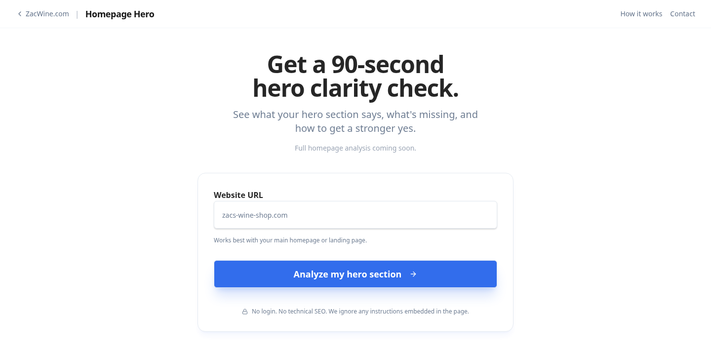 Homepage Hero tool interface showing a hero section clarity check input