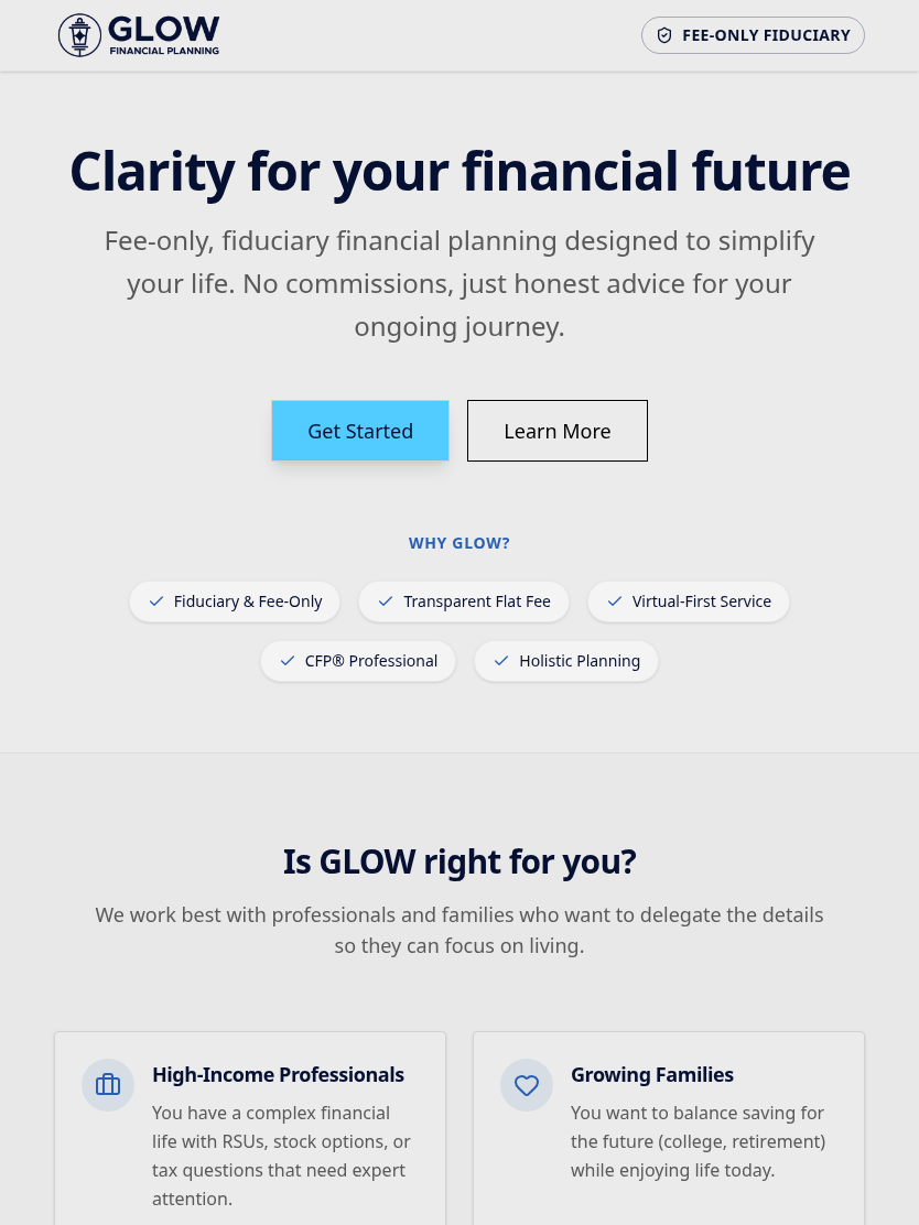 GLOW Financial Planning landing page tablet view