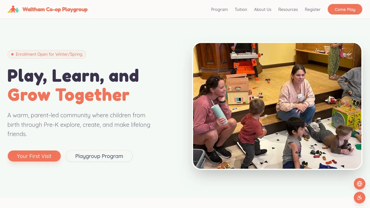 Waltham Co-op Playgroup website homepage showing 'Play, Learn, and Grow Together' headline with parents and children in a playgroup session
