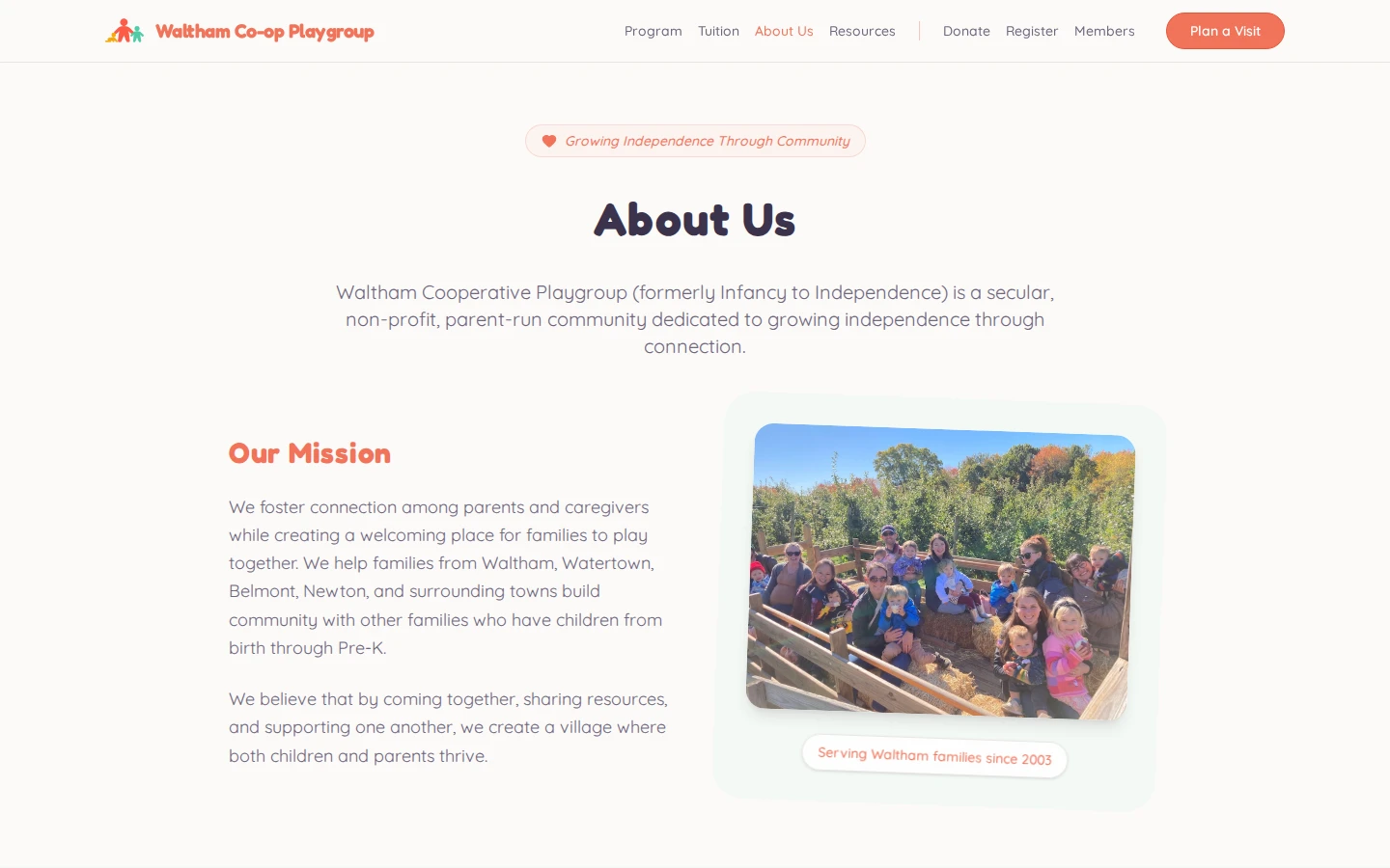 Waltham Cooperative Playgroup About Us page with its mission statement and families enjoying a fall hayride
